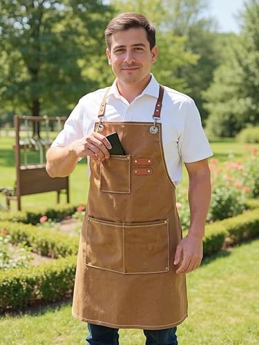 Miniatura 4 de Chef Aprons with Large Pockets for Women Men, Cotton Canvas Cross Back Water Repellent Work Apron with Adjustable Straps for Size M-XXL (Blue+Brown)