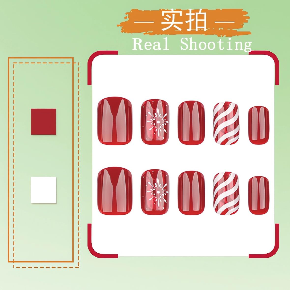 Christmas Red Press on Nails Short Square Snowflake False Nails Stripe Candy Fake Nails with Design Snow Artificial Nails Short Acrylic Glue on Nails Press ons Christmas Stick on Nails for Women