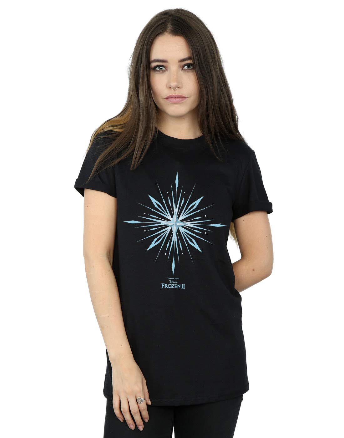 Disney Women's Black Frozen 2 Elsa Signature Snowflake Cotton Boyfriend T-Shirt Extra Large