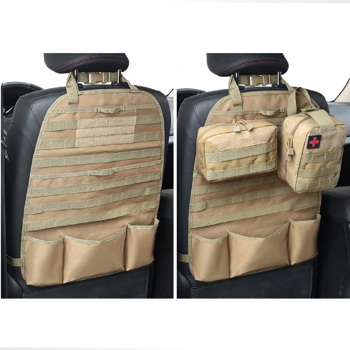 TRIWONDER Car Seat Back Storage Bag Organizer Tactical Molle Panel Car Seat Back Cover Protection with 3 Storage Pouch (Khaki) : Automotive