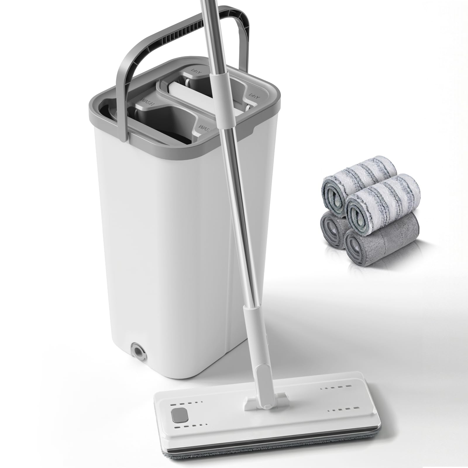 Masthome Mocio Lavapavimenti in Microfibra e Secchio Strizzatore, Mocio Piatto Professionale con Secchio Doppio Scomparto, Secchio Lavapavimenti con 4 Panni Riutilizzabile, Bianco + Grigio