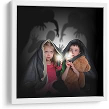 Canvas Lab | Scared Children Looking at Night Shadows by Angela Waye | 19 x 19 in | Fine Art Framed Print, Frame Color White | Halloween | Wall Decor for Bedroom, Living Room or Office