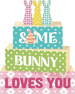 4 Pcs Easter Tiered Tray Decor,Some Bunny Loves You Wooden Block Sign,Farmhouse Spring Table Centerpiece for Party Home Kitchen Office
