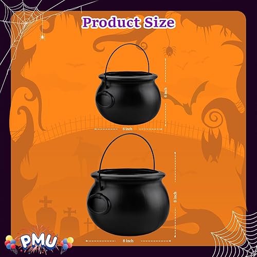 PMU 2 hervidores de caldero de Halloween (8,6), cuenco de caldero de bruja de plástico negro, cubo de caramelo, decoración interior y exterior