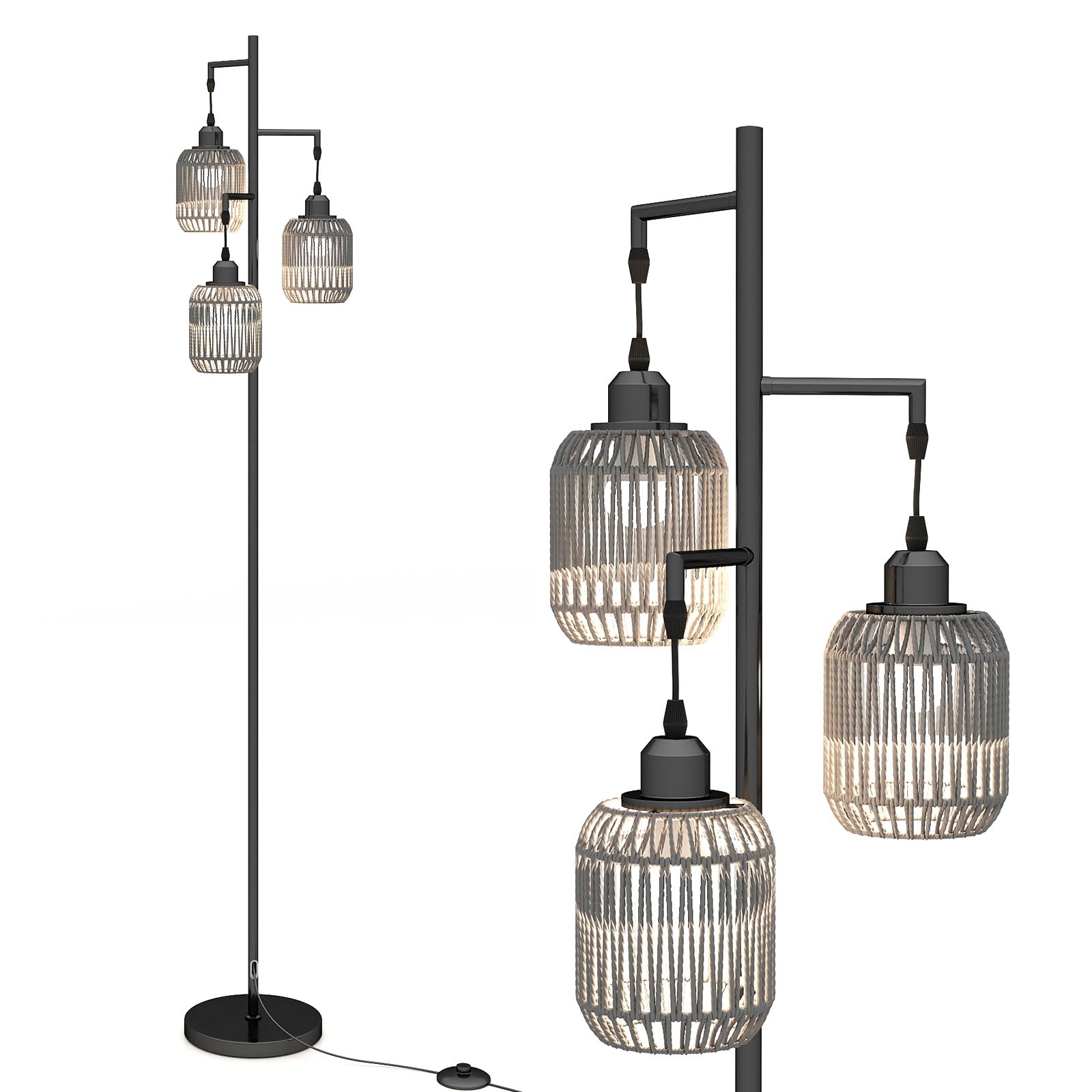 COSTWAY 3-Light Floor Lamp, Standing Corner Lamp with Paper-Woven Lampshades, E27 Sockets & Foot Switch, 173cm Tall Tree Reading Floor Light for Living Room Bedroom Office, Bulbs Not Included (Black)
