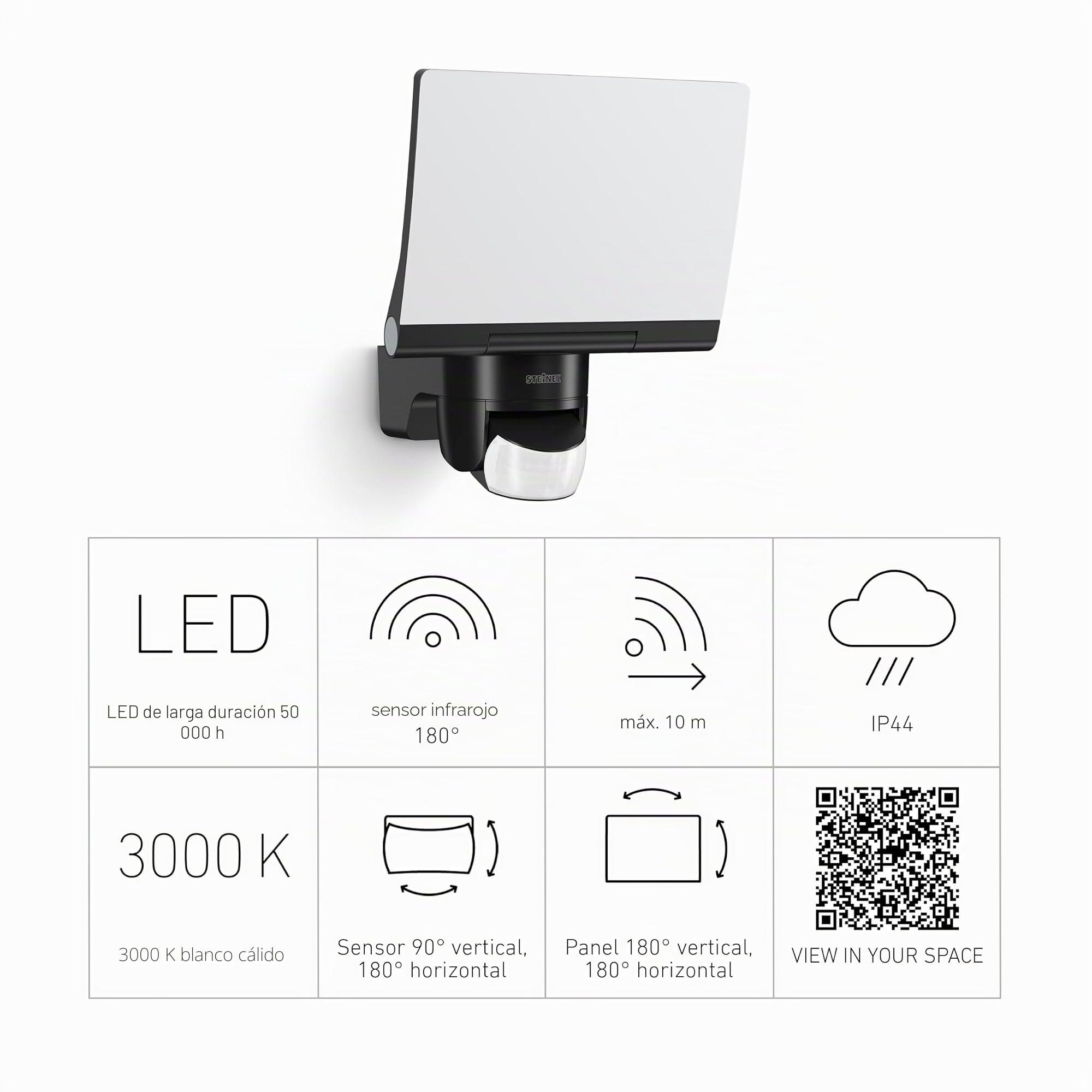 Steinel XLED Home 2 XL S Foco LED, sensor de movimiento de 180°, negro | giro completo y una temperatura de la luz de 3000 K, con consumo de 19,3 W, intensidad de 2124 lúmenes