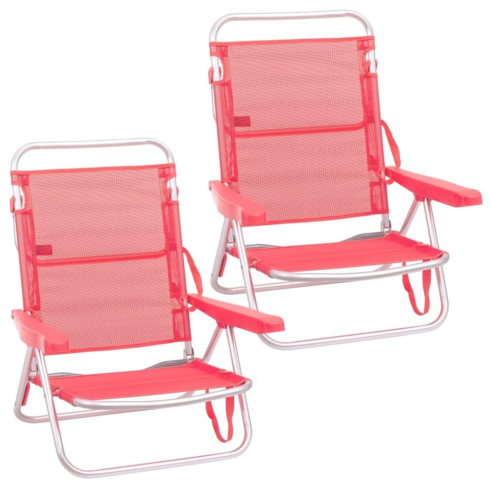 LOLAhome Pack 2 Sillas Playa Plegables | Ligera Portátil | Baja y Reclinable de 4 Posiciones | para Camping, Piscina, Terraza o Jardín Coral