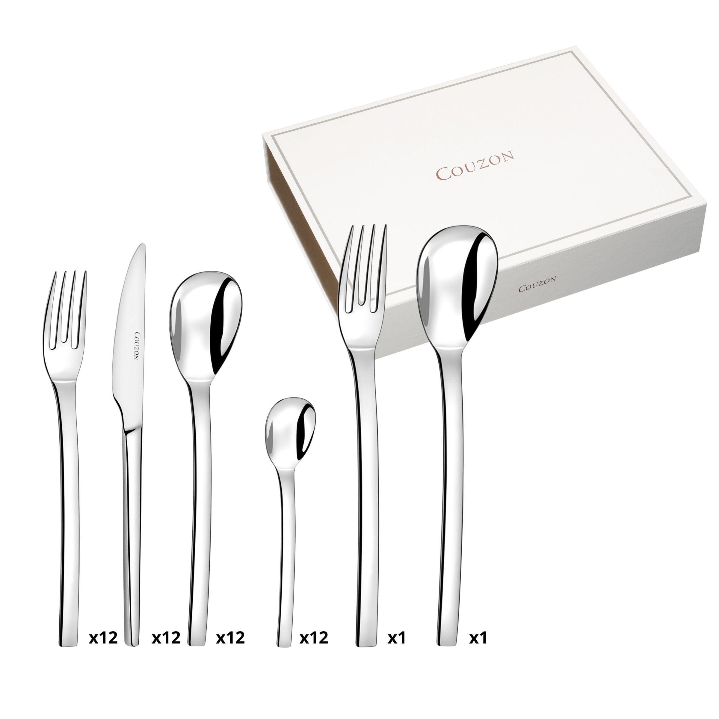 COUZON - Ménagère 50 couverts de table en coffre bois pour 12 personnes - Pix'Elle - Acier inoxydable 18/10, Finition Miroir, Epaisseur 2.5 mm - Inox