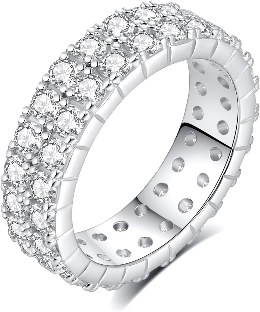 1.7 CTTW Moissanite Wedding Band Ring, 6mm Double Row Eternity Promise Ring for Women, D Color VVS1 Clarity Round Brilliant Moissanite Rings 925 Sterling Silver, Anniversary and Bridal Gift, All Size