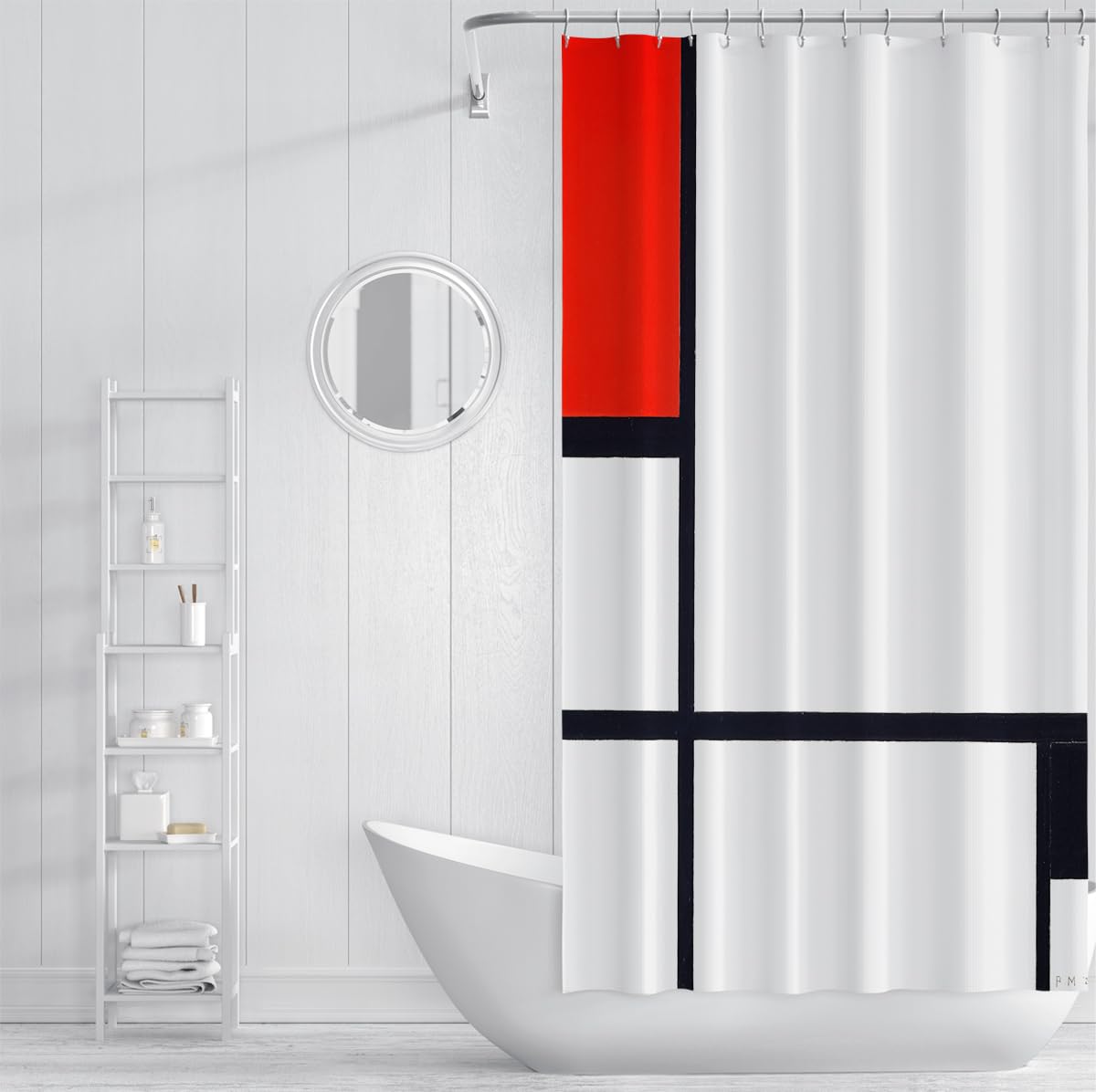 Rideaux de Salle de Bain d’Art Contemporain imperméables avec Crochets, Rideau de Douche à Design Abstrait en Blocs Rouges, décoration Lavable de Toilettes de Style Nordique 180 x 180 cm