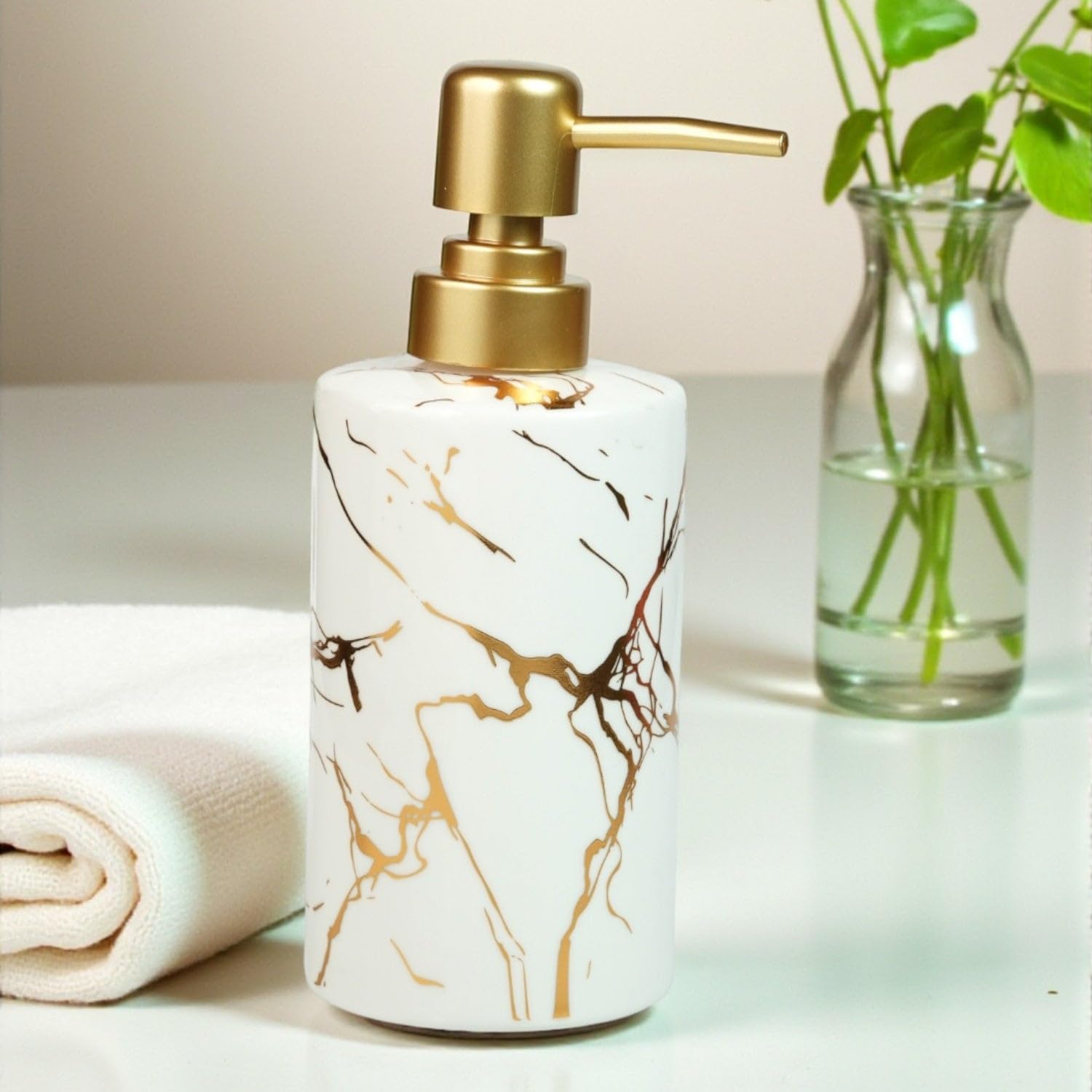 SaSaSa Ceramic Soap Dispenser Set of 1 | Bathroom & Kitchen Refillable Liquid Soap Dispenser Set with Pump | Ceramic Lotion & Hand Wash Bottle for Sink | Gift for Home, (12233)