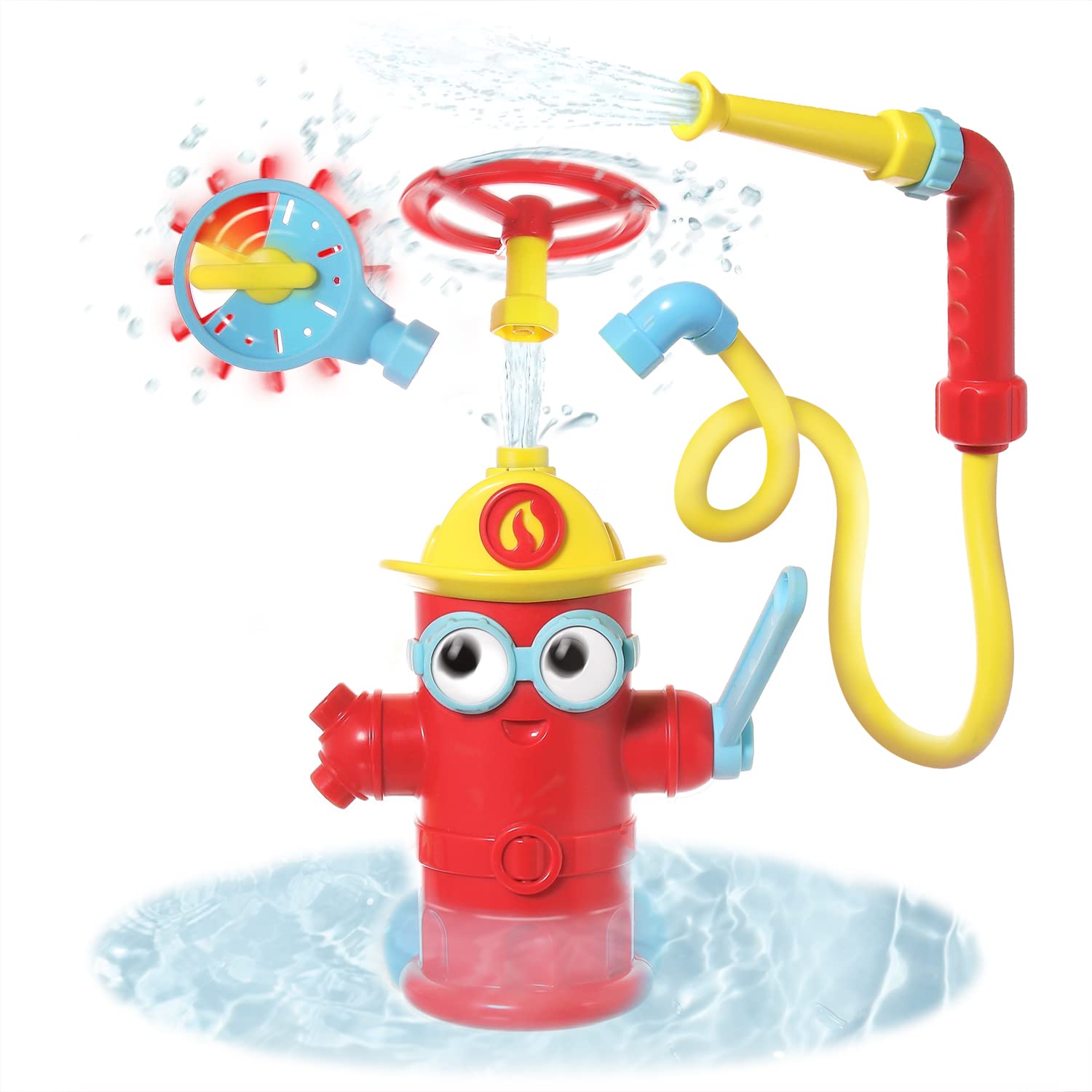 Yookidoo Fire Hydrant Bath Toy - Baby Bathtime Toy with Fire Hose and Three Spray Accessories - Spinning Gear and Googly Eyes for Bath Time Sensory Development