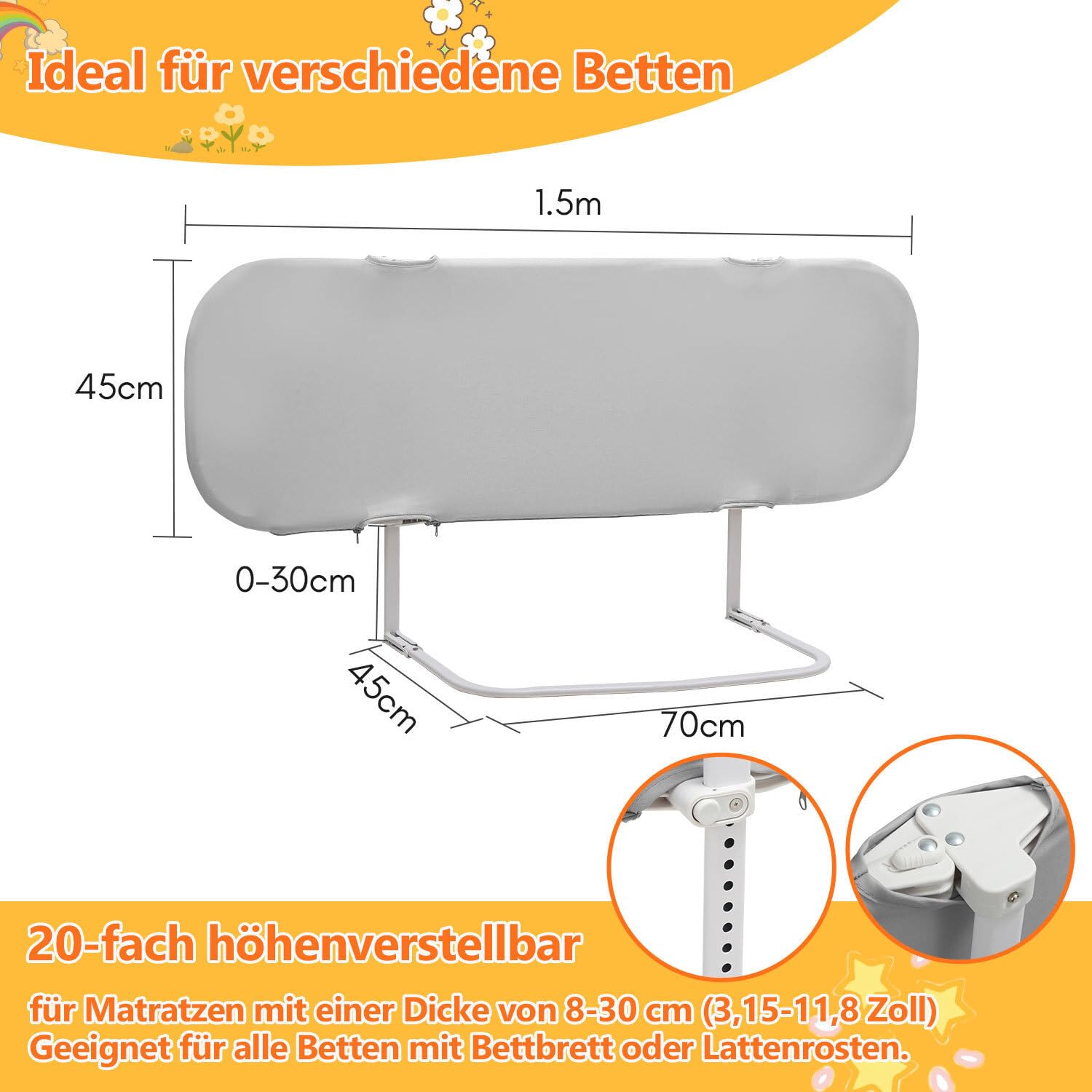 Bettgitter, Rausfallschutz Bett mit 150 cm, Rausfallschutz für Kinderbetten, Höhenverstellbares Kinderbettgitter, klappbares Bettschutzgitter, Grau
