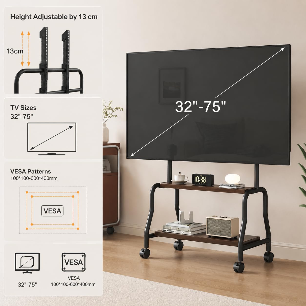 Mustorn Support TV sur Pied pour Les Téléviseurs De 32 à 75 Pouces, Tele Portable sur Pied TV Universel Jusqu'à 50 Kg Meuble TV sur roulettes VESA Max 600 x 400 mm Support Télé Trepied TV Meuble