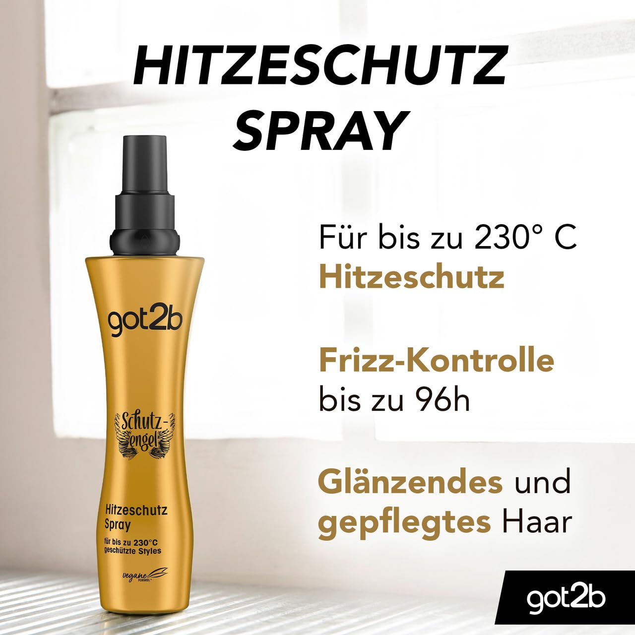 got2b Spray protector contra el calor, ángel de la guarda hasta 230 °C (200 ml), loción de peinado que protege el cabello de daños por calor, para estilos calientes con acabado brillante, no se