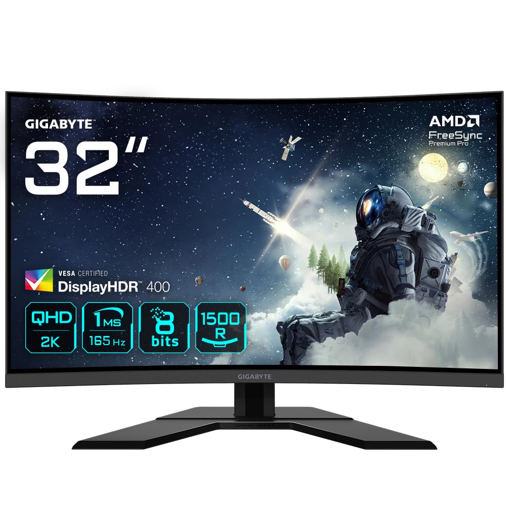 Gigabyte G32QC A 31.5" Monitor da Gioco Curvo QHD - 2560 x 1440, 1500R, 165Hz, 1ms, 350 cd/m², FreeSync Premium Pro, Display HDR400, HDMI 2.0, Displayport 1.2
