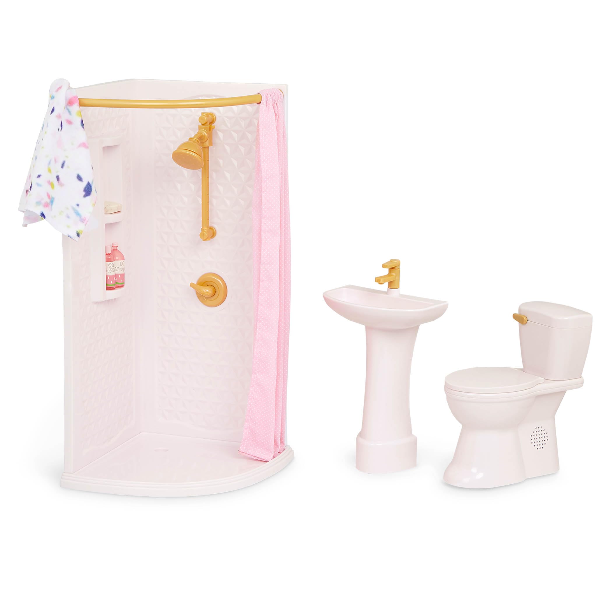 Our Generation Sweet Bathroom zestaw mebli łazienkowych dla lalek 46 cm – w zestawie wanna, umywalka, toaleta i akcesoria – meble dla lalek do fantazyjnej zabawy