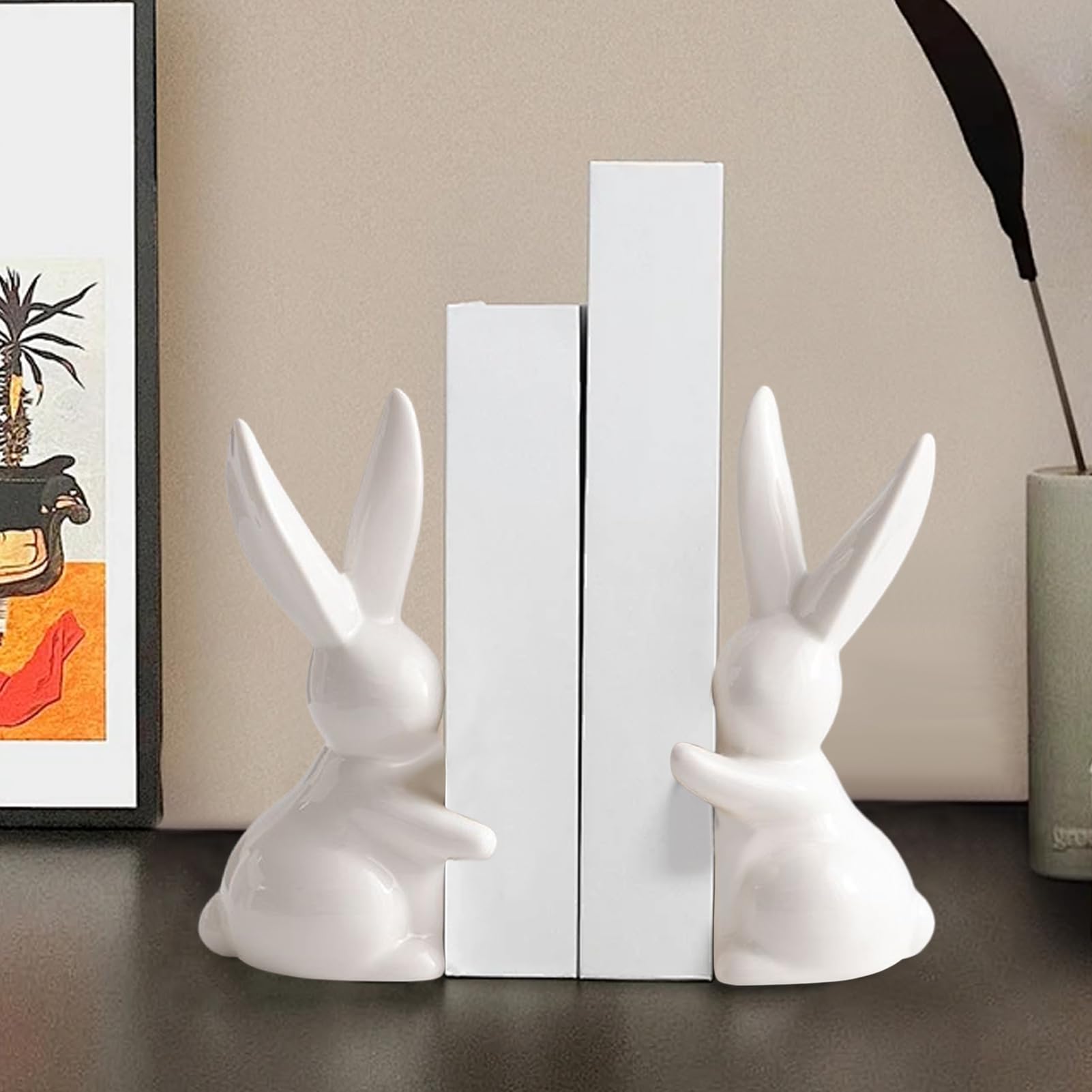 Decorative Ceramic Book Ends, Quirky Rabbit Bookends, Bunny Ornaments Book Holders Stopper For Shelves Art Bookend,Cute Animal Book Ends Home Decor