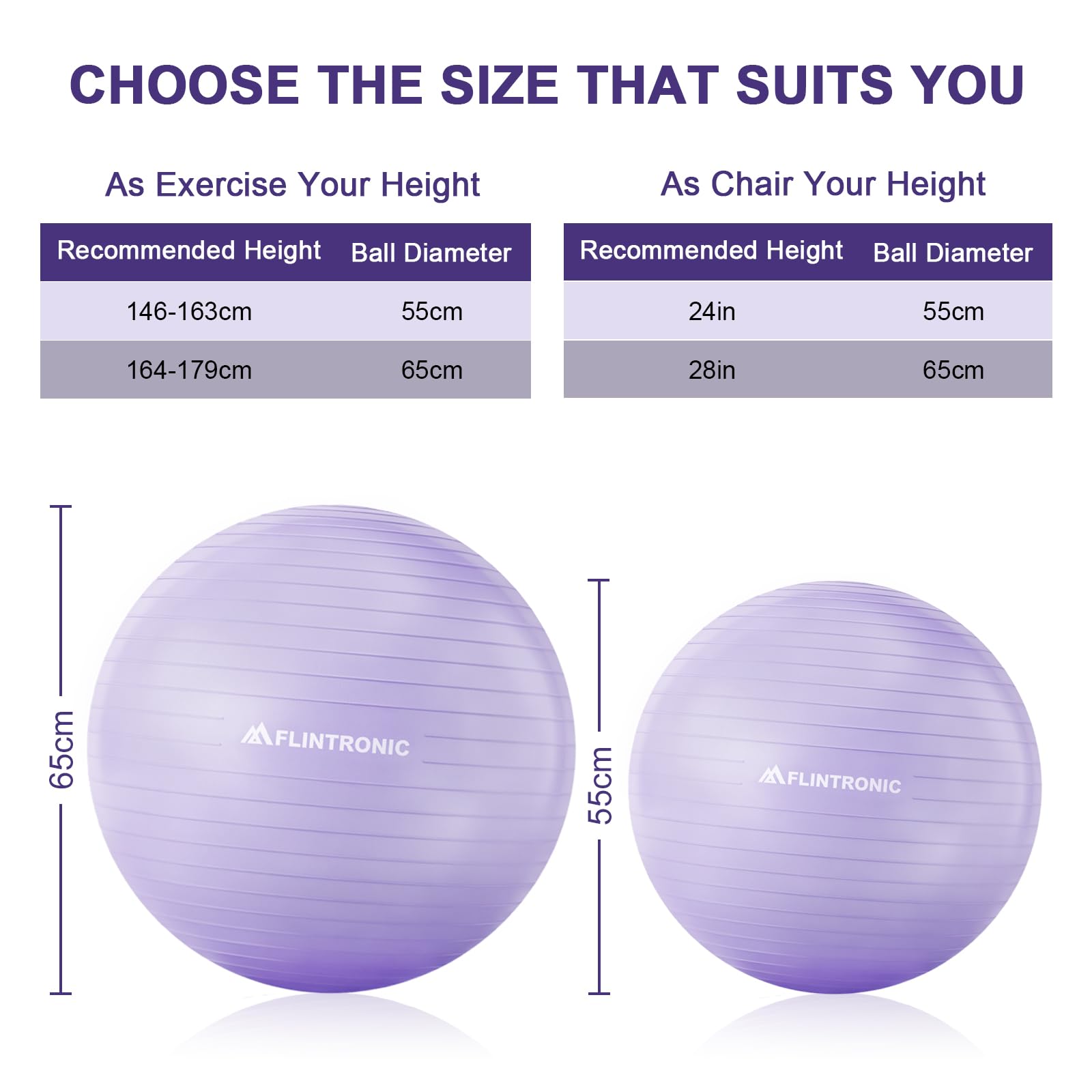 flintronic Gymnastikball, 55 und 65 cm, Ultra-Dicker Anti-Explosions-Yoga-Ball mit aufblasbarer Fußpumpe, Anti-Rutsch-Sitzbal, Robuster Maximalbelastbarkeit Fitness-Ball für Fitness, Yoga, Pilates