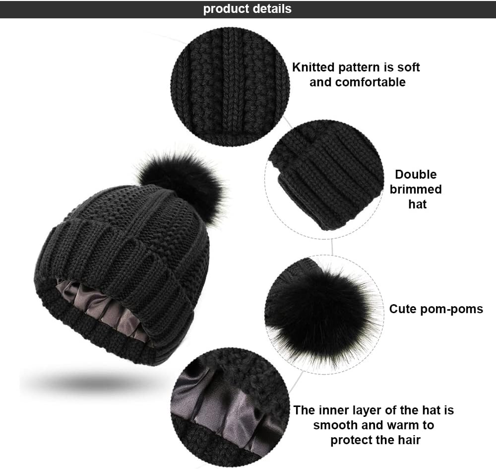 TOEECY Bonnet Femme Hiver Chaud: Bonnet Tricoté Doublé Satin, Pompon Fourrure, Noir, Taille Unique - Image secondaire
