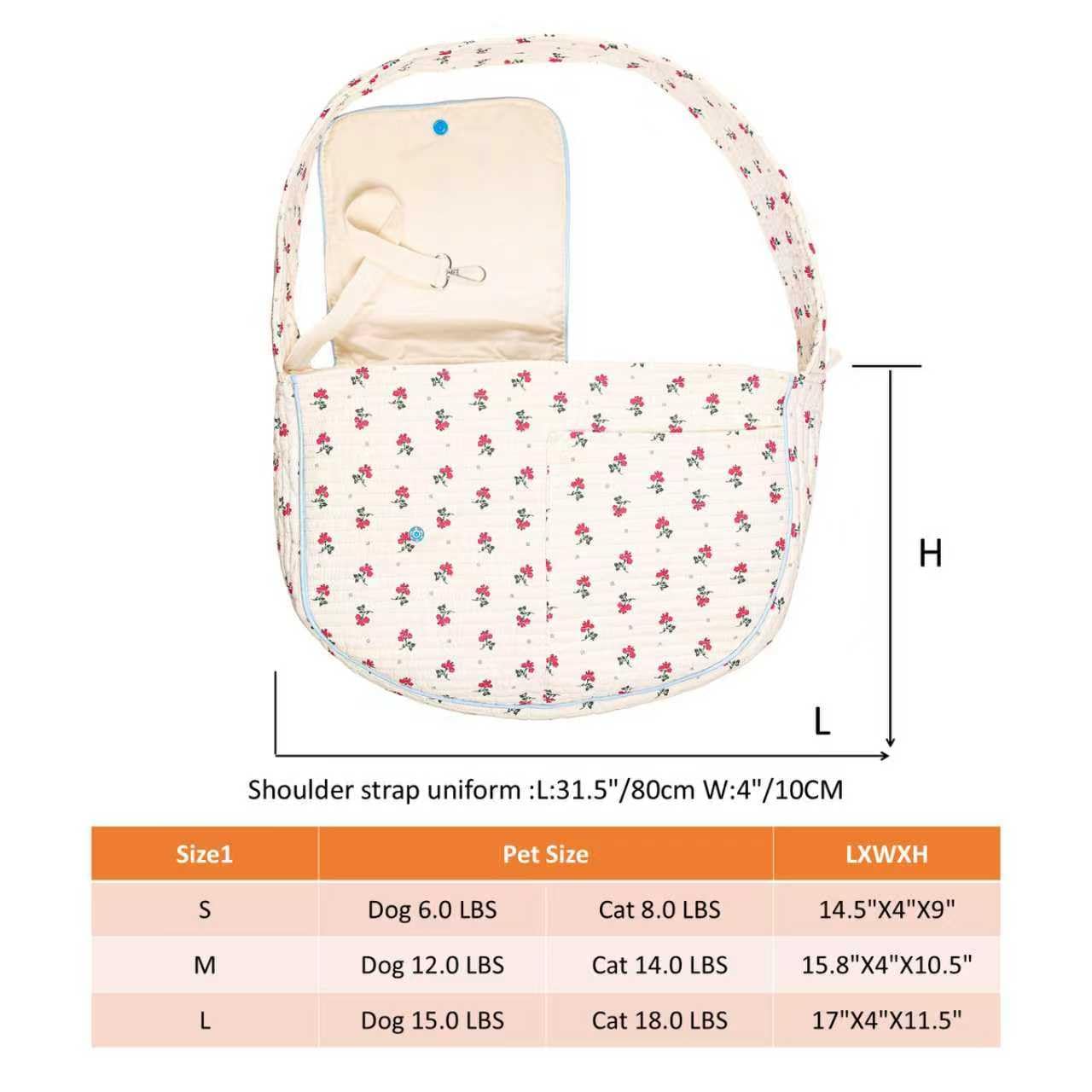 Transportín de algodón para mascotas para perros y gatos, bolso de mano con estampado floral (blanco, pequeño)