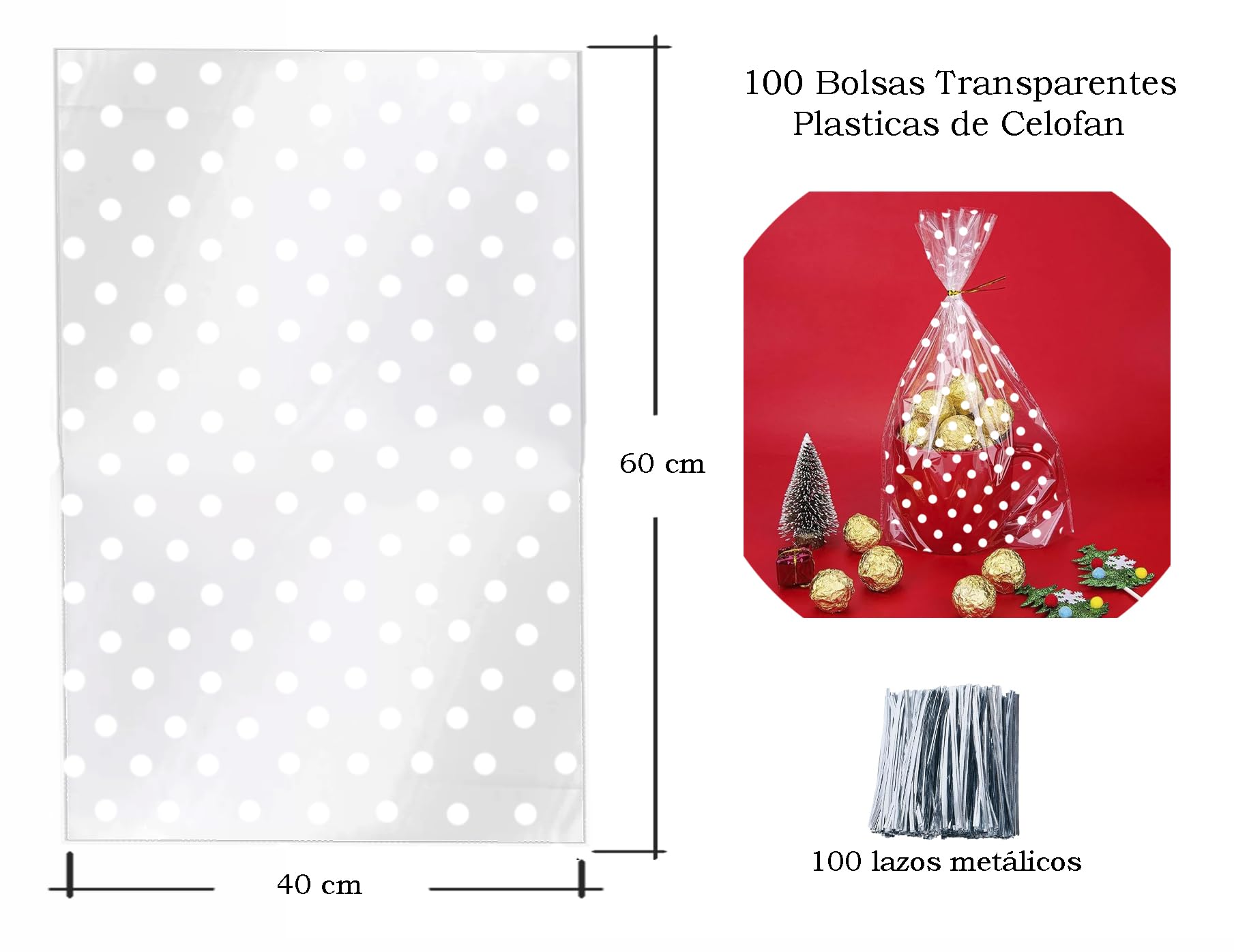 100 przezroczystych toreb na smakołyki celofan w białe kropki torba na ciasteczka 100 metalowych pętli (40 x 60 cm (100 dużych torebk))