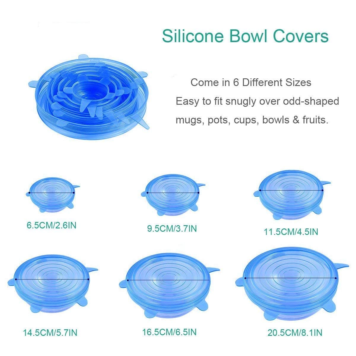 PERPART Silicone Stretch Lids Flexible Covers for Utensils, Bowls,Plates Jars, Cans, Mugs, Dishwasher, Freezer Safe, Food Safety Reusable Lids 6 pcs Multi Size (Multicolor) 4