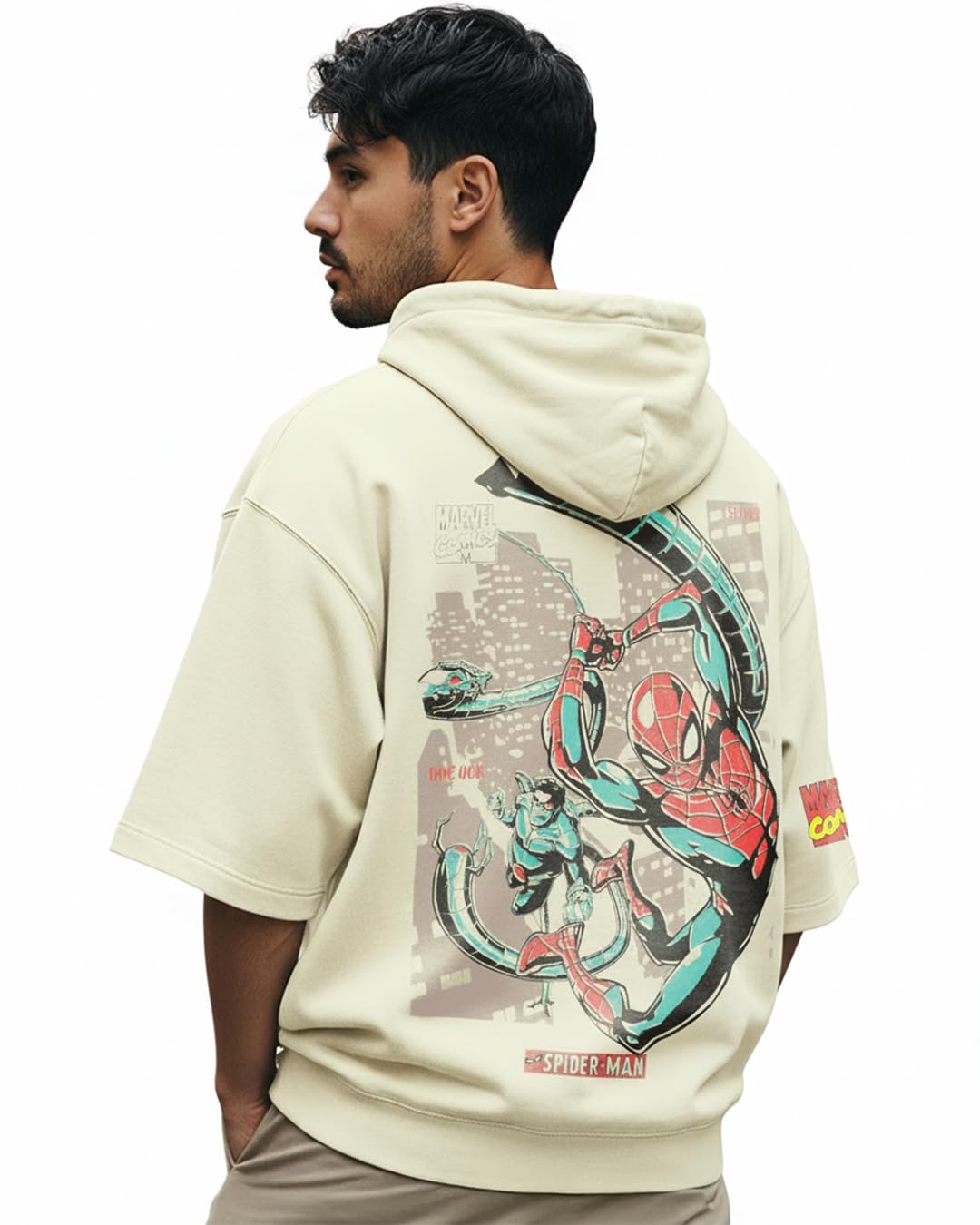 bewakoof Official Marvel Merchandise Spiderman Men's Graphic Print Oversized Fit Half Sleeve Hooded Cotton T-Shirt-picture-35