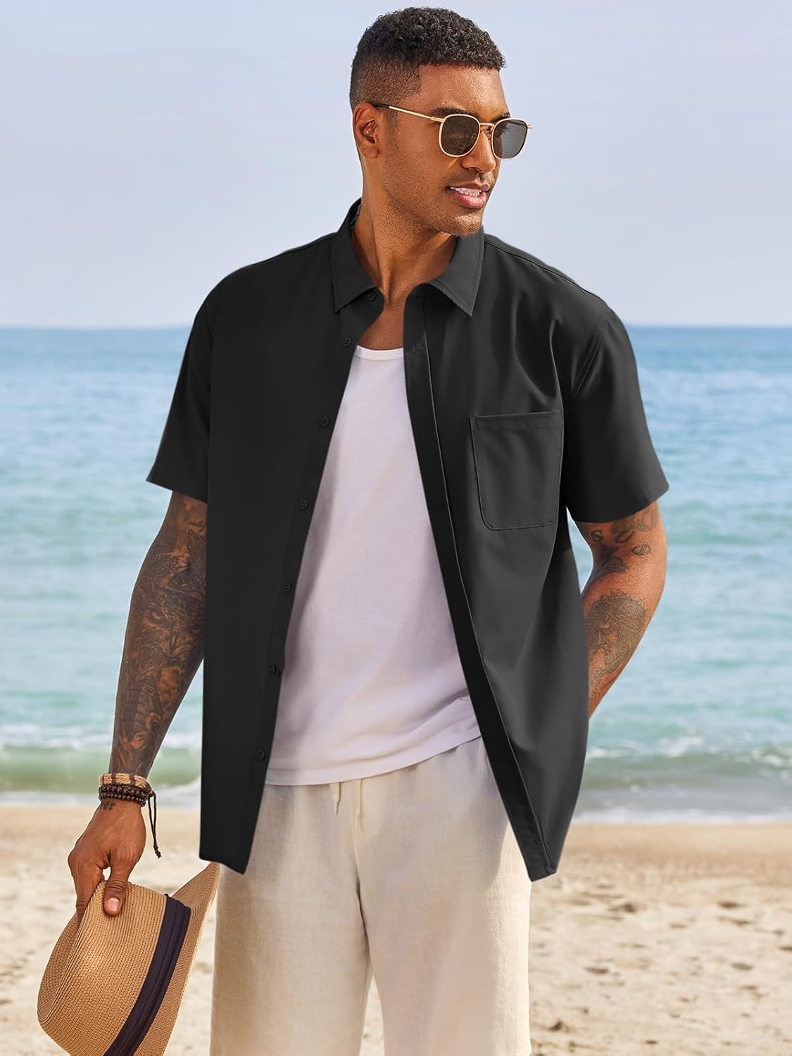 Runcati Mens Button Down Shirts Short Sleeve Casual Dress Shirt Summer Untucked Shirts with Pocket - Image 3