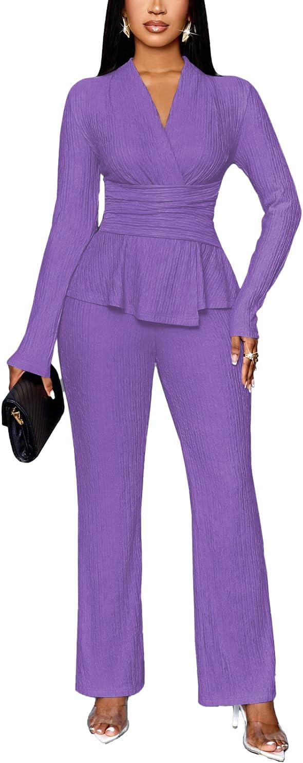 TOPSRANI Womens Bodycon Lounge Sets 2 Piece Outfits Casual Sweatsuits Tracksuit V-Neck Long Sleeve Cute Pants Sets
