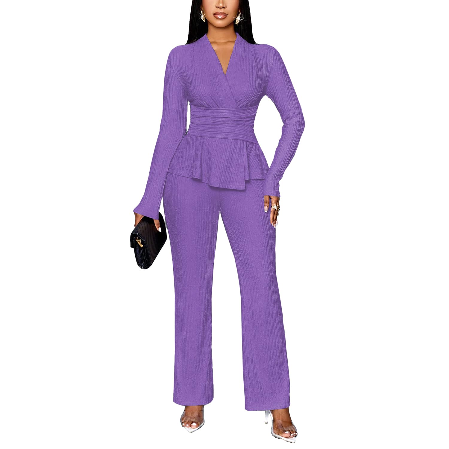 Photo 1 of ***PANTS NOT INCLUDED***TOPSRANI Womens Bodycon Lounge Sets 2 Piece Outfits Casual Sweatsuits Tracksuit V-Neck Long Sleeve Cute Pants Sets Solid Purple S