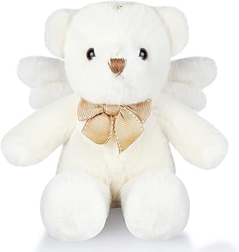 HyDren Soft Toys,Stuffed Animals Angel Bear Plush Stuffed Animal with Wings White Bear Dolls for Boys Girls Birthday Gift (Ribbon Bow, 10 Inch)