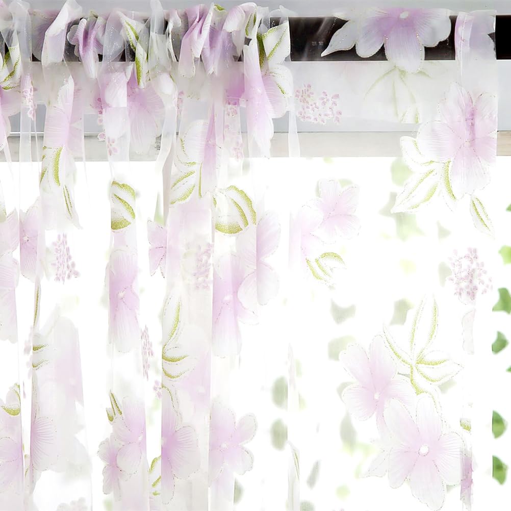 Veemoon 1PC Boho Floral Tulle Curtains Purple Flower Tulle Curtains Girls Room Decorative Transparent Net Window Treatments Short Rustic Window for Bedroom Living Room (1 * 2M) - Image 2