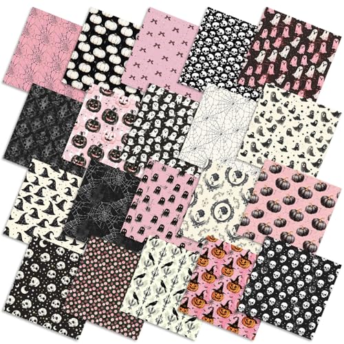 Ganeen 60 Pcs 10 x 10 Inch Pink Halloween Quilting Fabric Squares Vintage Pink Ghost Fat Patchwork Precut Strips Retro Pumpkin Skull Fabric Bundles for Holiday DIY Craft Sewing Quilt Material Handmade