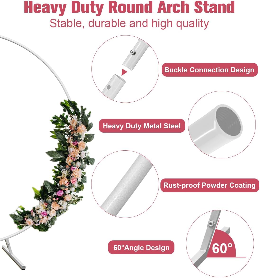 7 Ft Round Wedding Arch Stand with Metal Base for Flower Balloon Decoration, Circle Backdrop Stand Frame for Ceremony, Birthday Party, Baby Shower, White