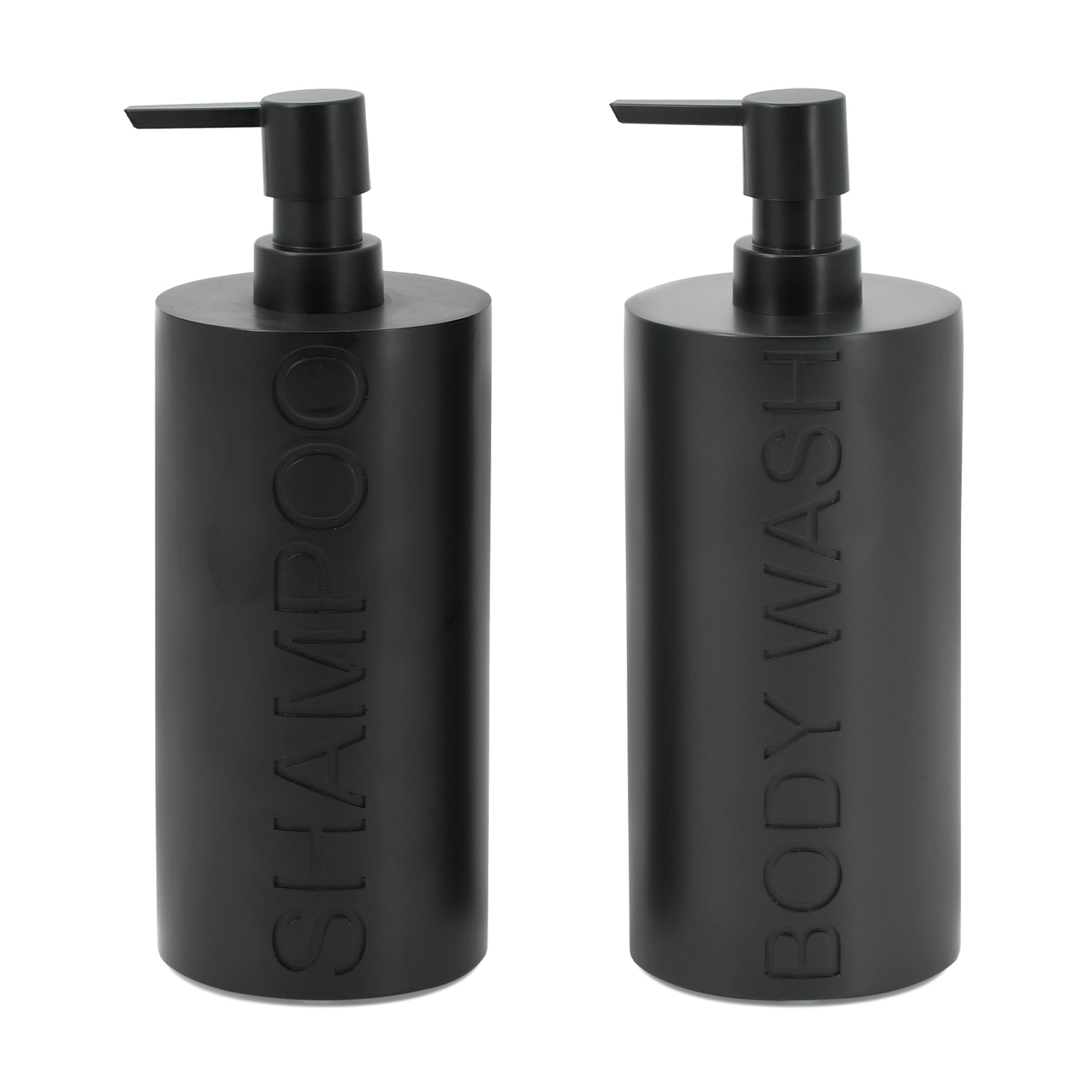 2-Pack Matte Black Resin Refillable Shampoo &amp; Body Wash Bottles – Modern Bathroom Pump Dispenser Set, Durable Resin Shower Containers with Embossed Labels, Reusable Pump Bottle