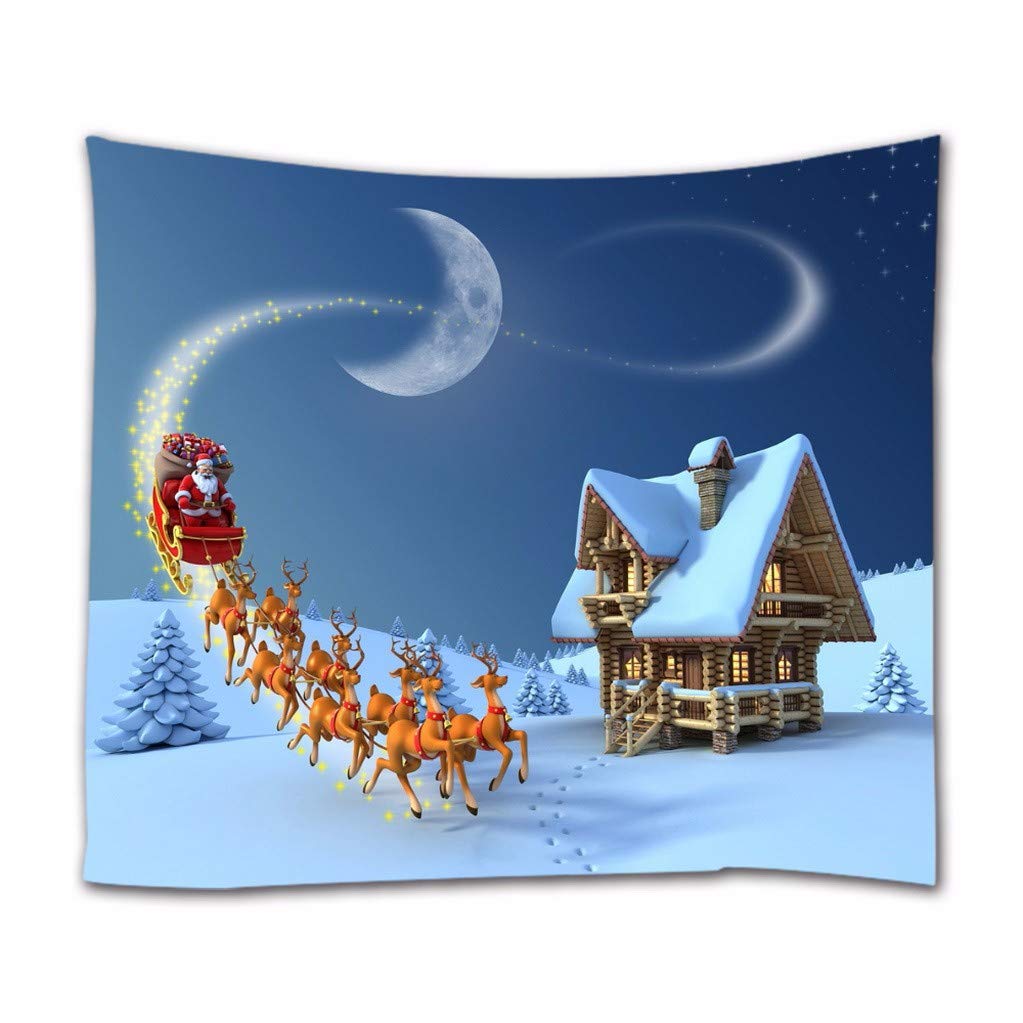 A.Monamour Santa Claus Rides Reindeer Sleigh In Front Of The Log House Christmas Night Scene Print Fabric Wall Tapestry Wall Hangings Curtain For Bedroom Living Room Dorm