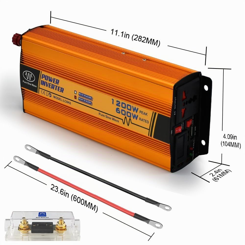 ECO-WORTHY 600W 12V netzunabhängiger Solarwechselrichter DC 12V AC 220V Sinuswelle für Auto Wohnmobil Caravan Camping und Solar System Haus