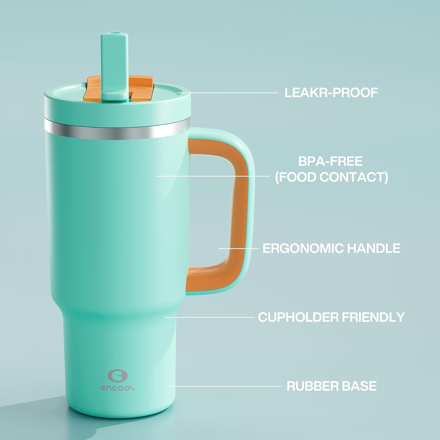 ENCOOL 32 oz Tumbler with Handle and Straw: Stainless Steel Insulated Tumbler Keeps Cold for 24 Hours, Leakproof Travel Cup Fits in Cup Holder and BPA-Free,Soft Cyan