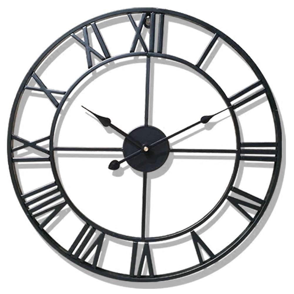 Reloj de jardín al aire libre, reloj de pared, agujas de regalo, números romanos para interiores y exteriores, metal preciso, silencioso, ornamento colgante redondo (negro)