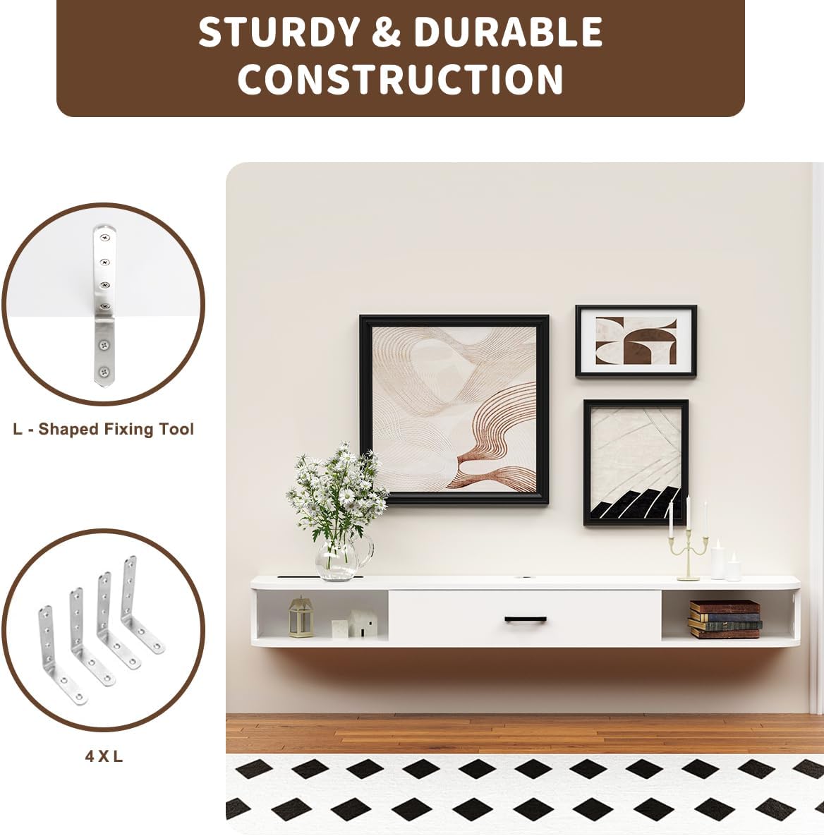 GHC Floating TV Stand, 65'' Wall Mounted TV Cabinet, Floating Shelves with Door, Media Console for DVD Player, Space-Saving Under TV Shelf for Living Room & Bedroom (White) - Image 5