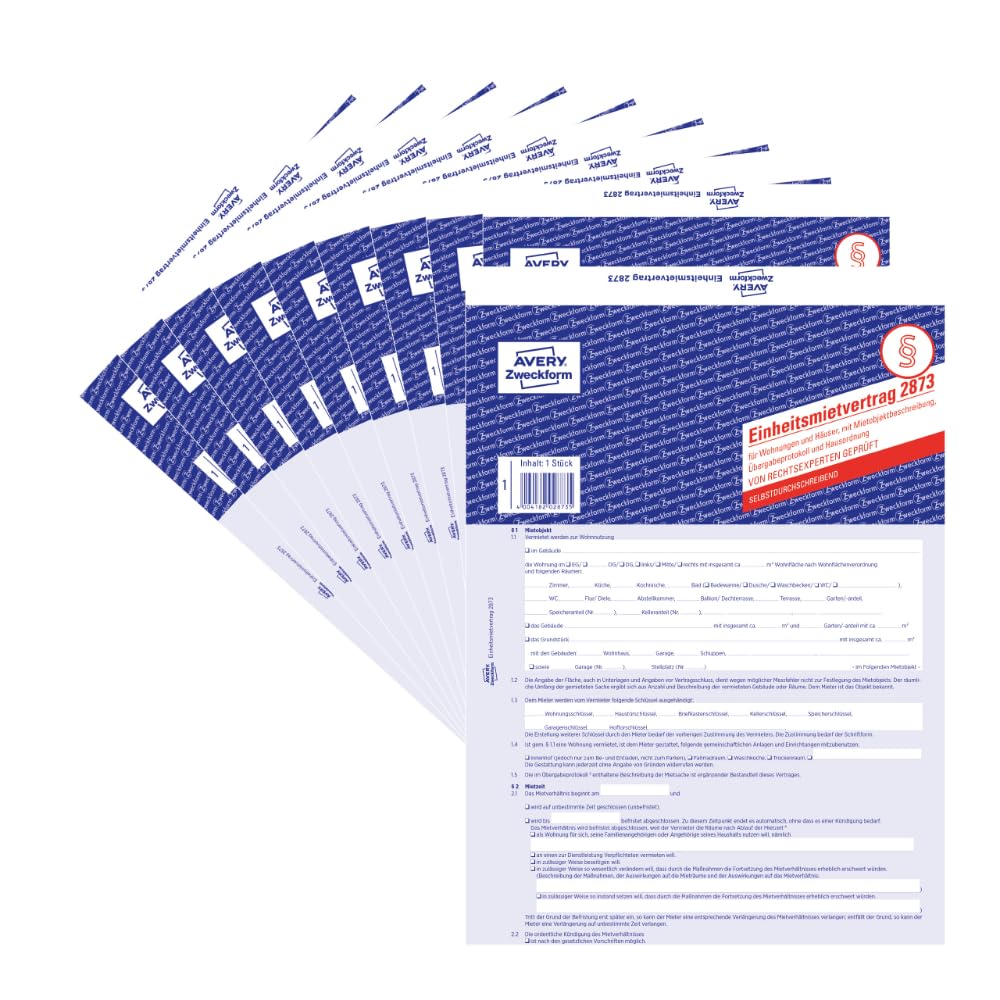 AVERY Zweckform 2873-10 Mietvertrag für Wohnungen und Häuser (Einheitsmietvertrag mit Übergabeprotokoll und Hausordnerung, 5-seitiges Formular in A4, selbstdurchschreibend) 10 Stück, blau