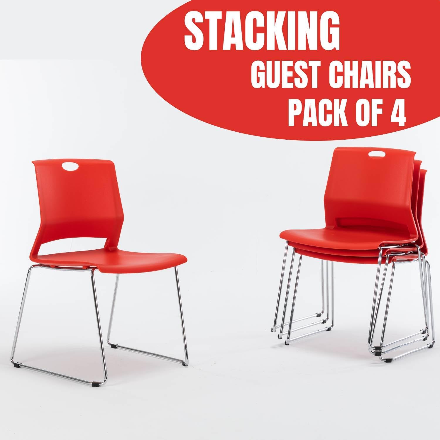 Office Guest Chair with Sled Base, Ergonomic Full Back Plastic Stacking Chair Without Wheels, Reception Chair for Office, Conference Room, Waiting Room, Red (4 Pack).