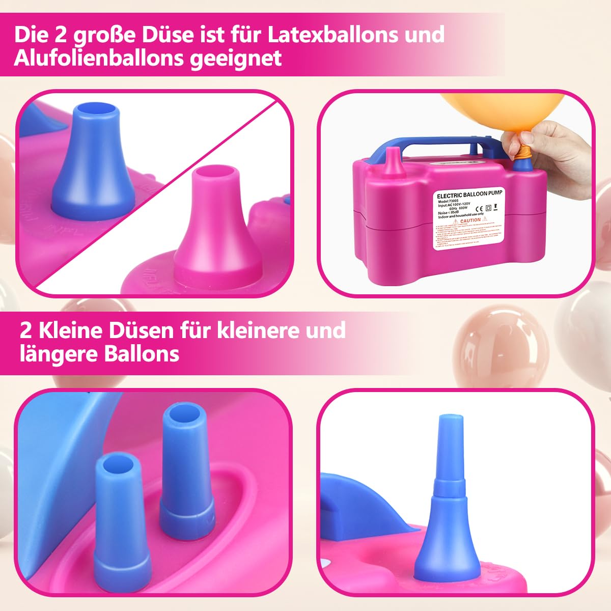 FLSEPAMB Pompa per Palloncini Elettrica Silenziosa, 600 W Gonfia Palloncini Elettrico, Intelligente a 2 Modalità, Ugello 2+2 Pompa per Palloncini, Pompa per Palloncini per Feste, Matrimoni, Natale