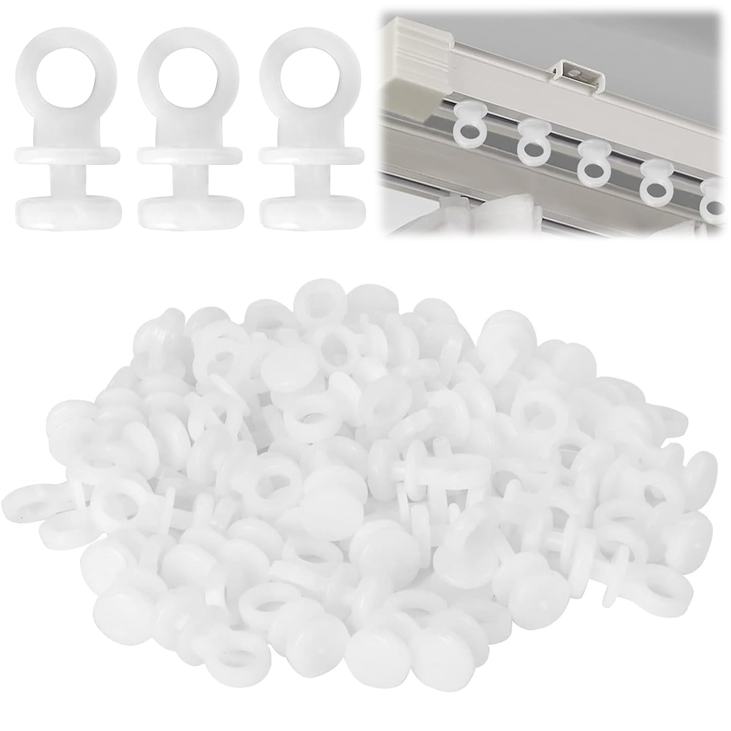JOYVOX Curtain Rail Gliders Plastic White Curtain Hooks, 100-Pack Plastic White Curtain Rail Gliders - Smooth Sliding Hooks for Easy Curtain Movement on Tracks & Rails