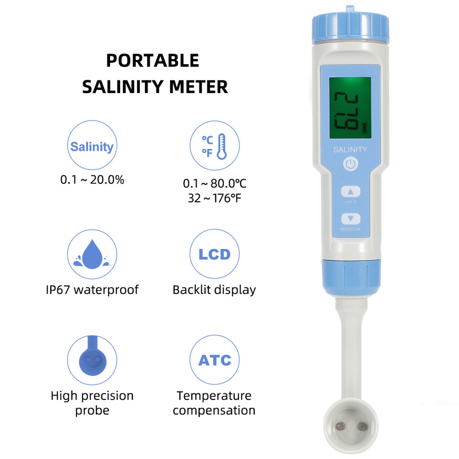 Tester di Sale Per Piscina con Retroilluminazione, Kit di Test Digitale Per Piscina di Acqua Salata Tester di Temperatura del Misuratore di Salinità Impermeabile IP67 Per Piscina di Acqua Sal