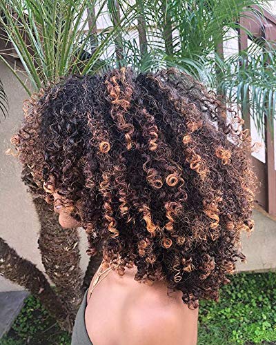 Short Curly Afro Wig for Black Women Ombre Brown Kinkys Curly Wigs with Bangs Fluffy Hair Heat Resistant Full Wigs