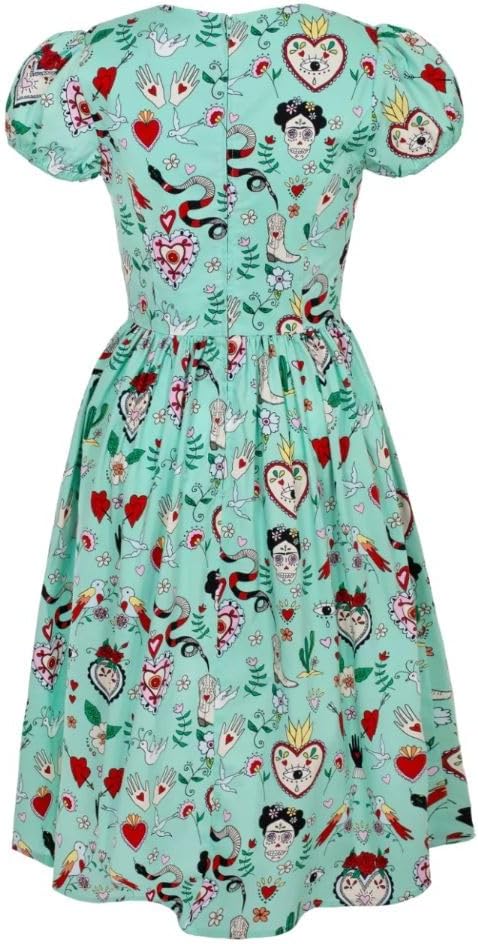 Hell Bunny Tijuana Dress Rockabilly Gothic Midi Floral Snake Heart Birds, Multicoloured, 6XL