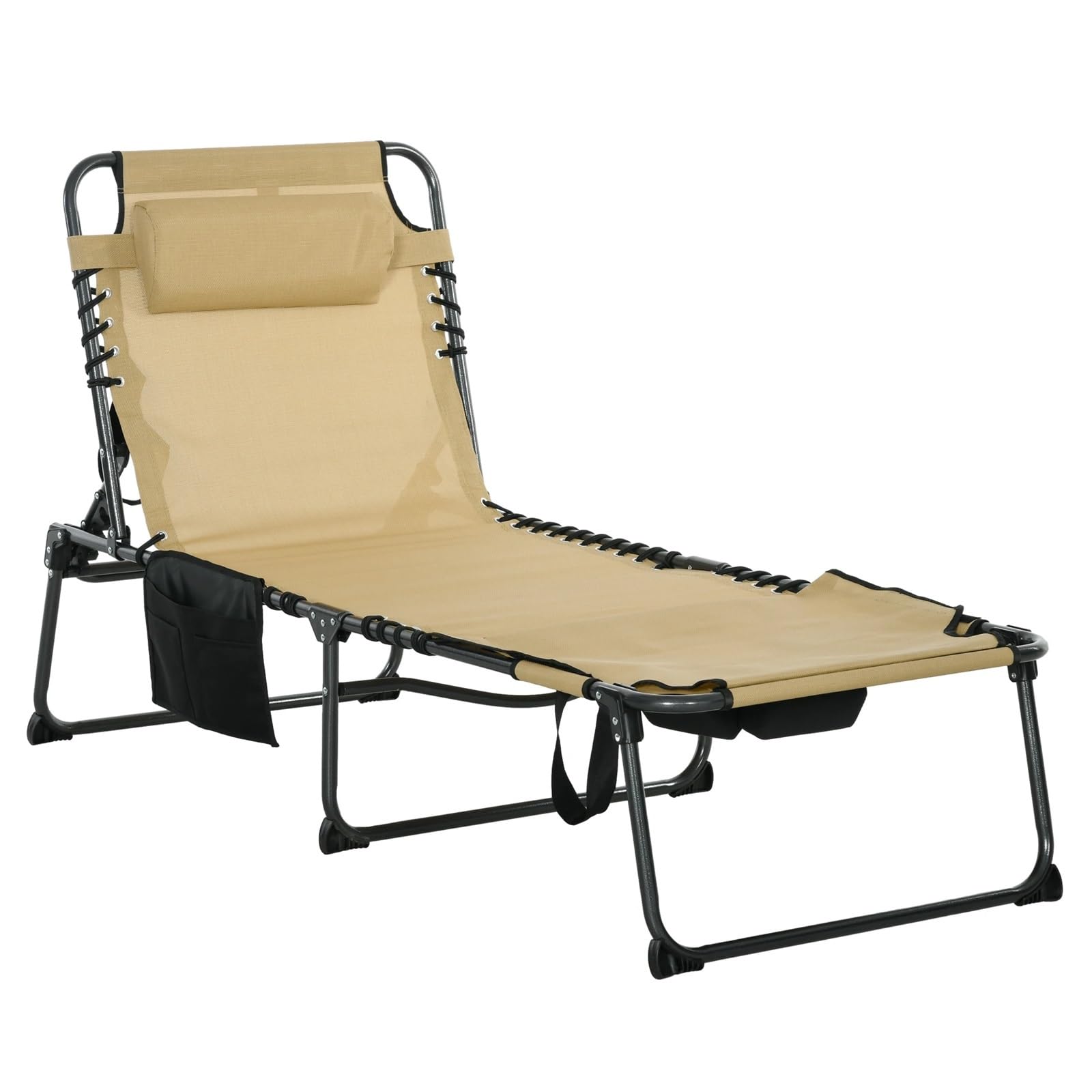 Chaise longue de plage portable beige idéale pour lire sur le ventre au bord de la piscine