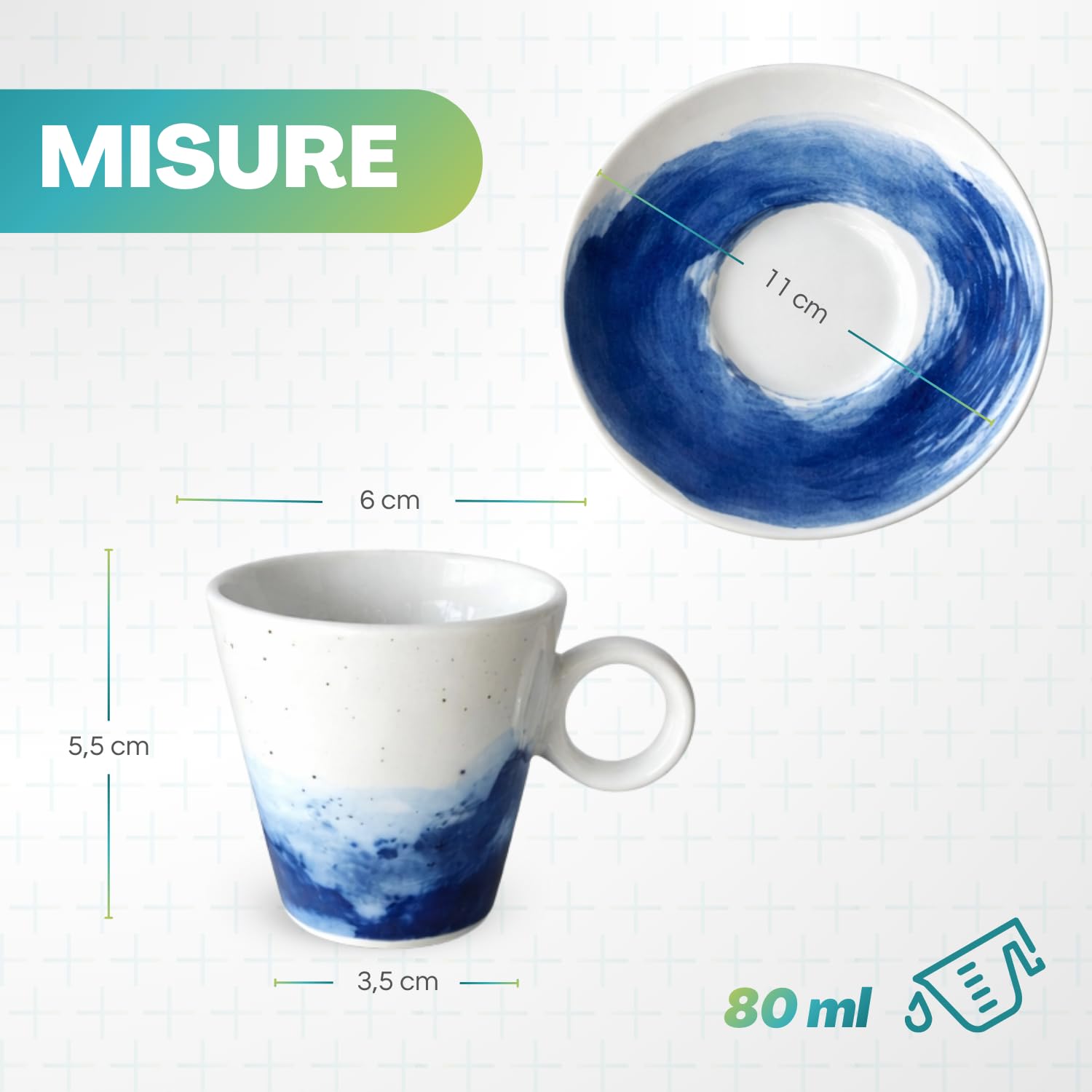 PALUPLUS Set 12 Tazzine Caffè con Piattino in Porcellana da 80 ml, Tazze da Espresso con manico, Lavabili in Lavastoviglie, adatte per Microonde, FANTASIA OCEAN -268